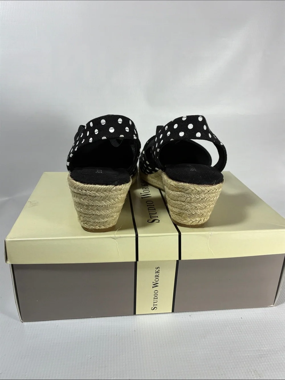 Studio Works Black and White Polka Dot Espadrille Wedge Slingbacks